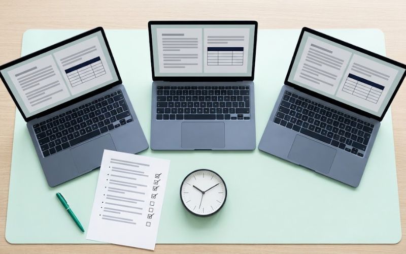 Three laptops generating council documents in parallel, showing AI for local government in practice