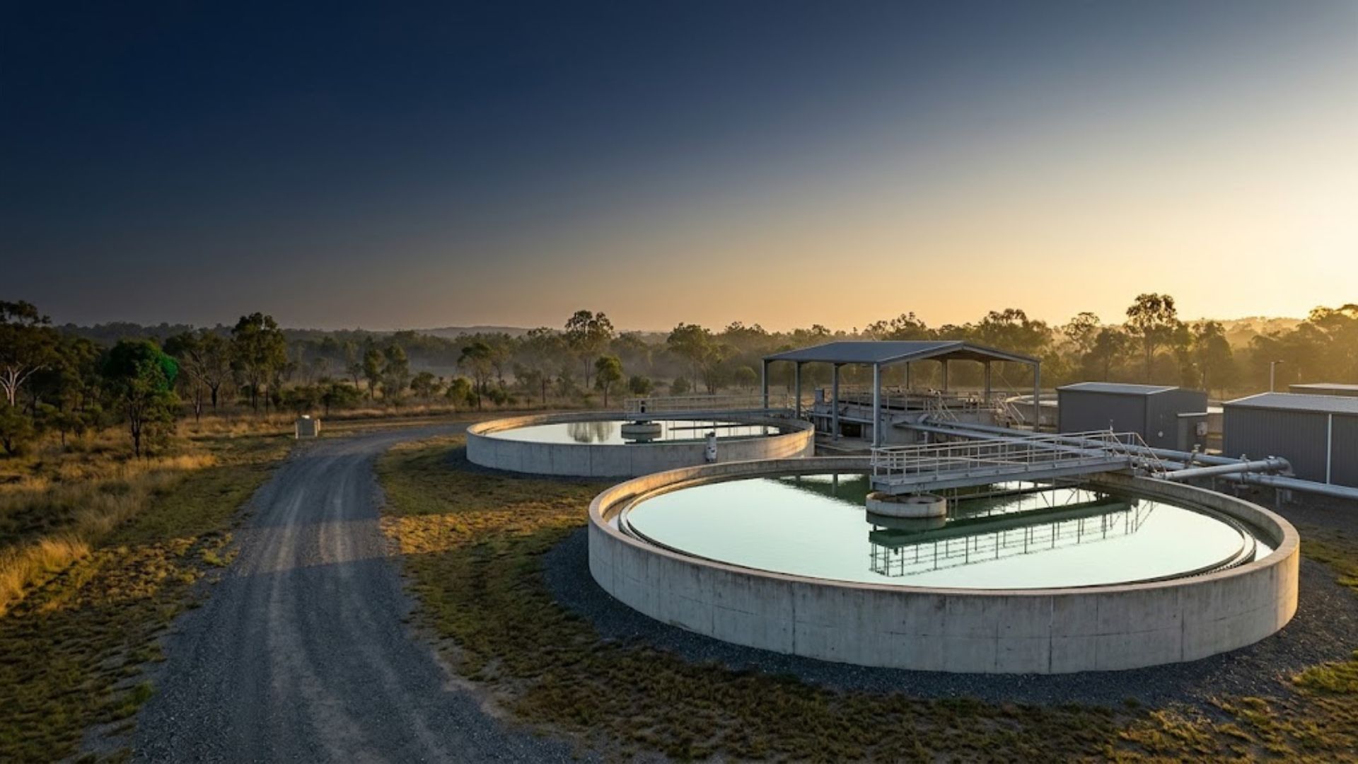 Regional water treatment plant at sunrise for an AI for local government case study (fictional plant)