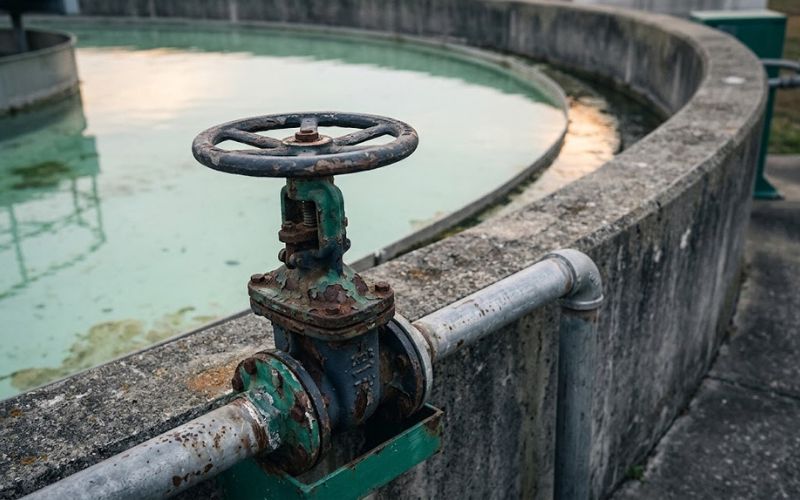 Ageing clarifier and manual dosing valve showing why the council needed ten documents fast