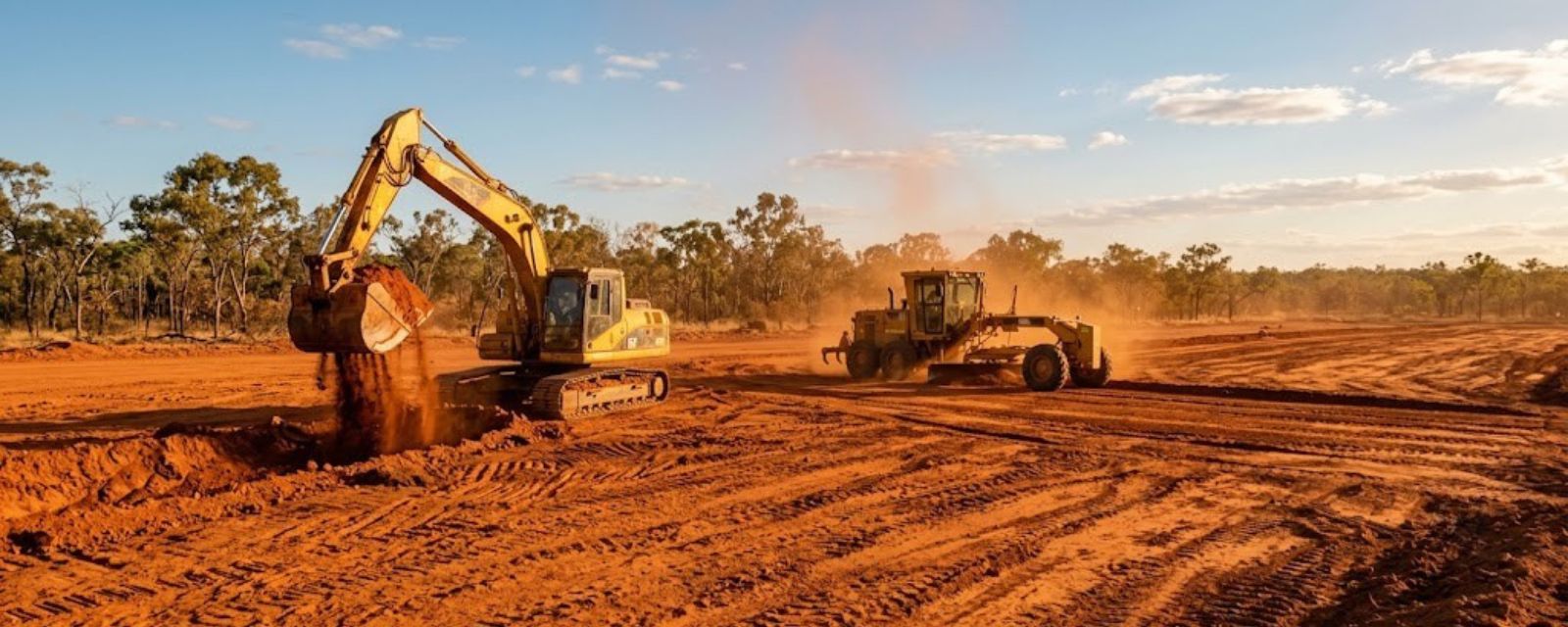North Queensland civil earthworks site — excavator and motor grader working on red Queensland earth at golden hour