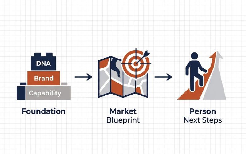 Infographic of the three-phase business growth workshop output journey