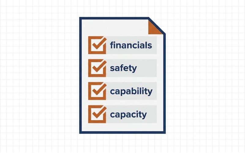 Illustration of a checklist covering financials, safety, capability, and capacity