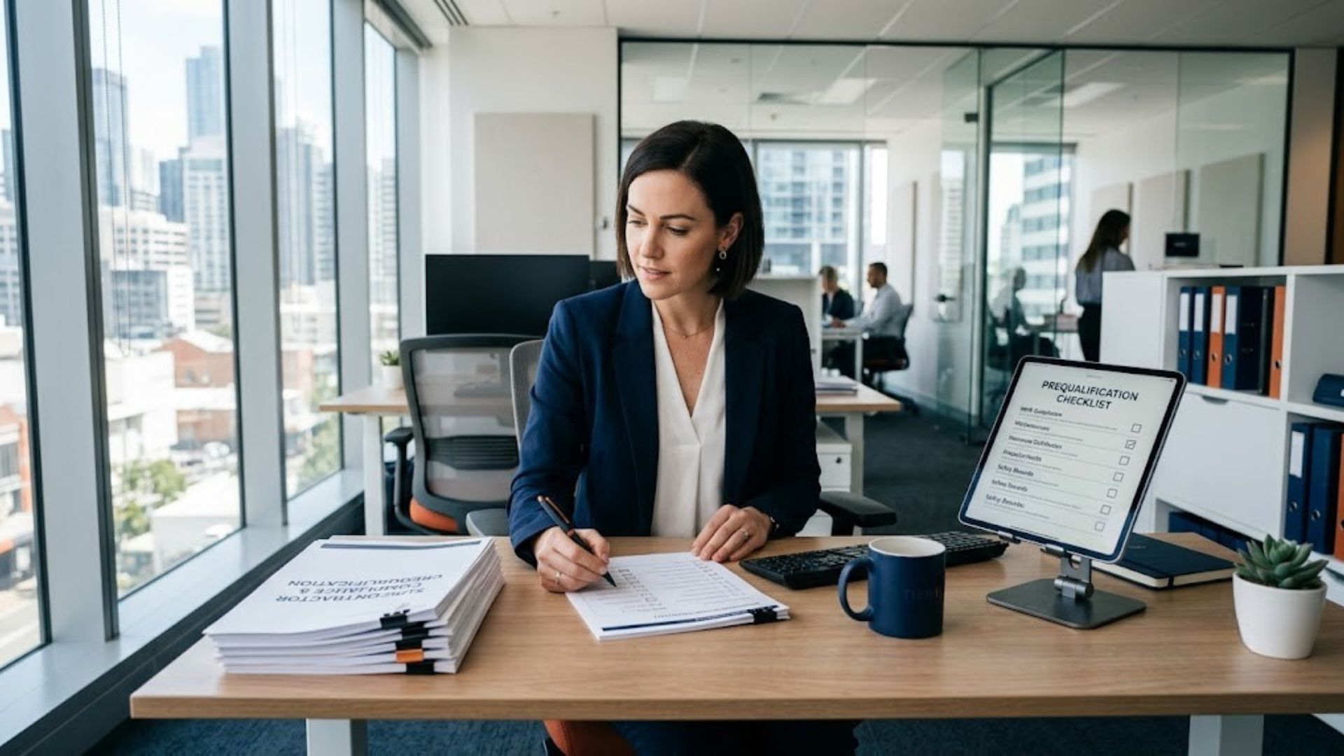 Procurement professional reviewing subcontractor prequalification documents on a tablet