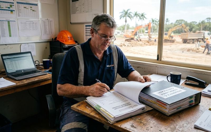 NQ civil contractor reviewing a completed subcontractor prequalification document package