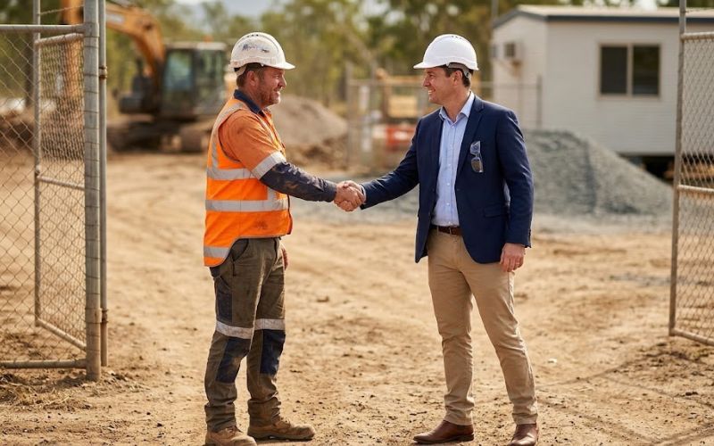 NQ civil contractor and head contractor representative shaking hands on site