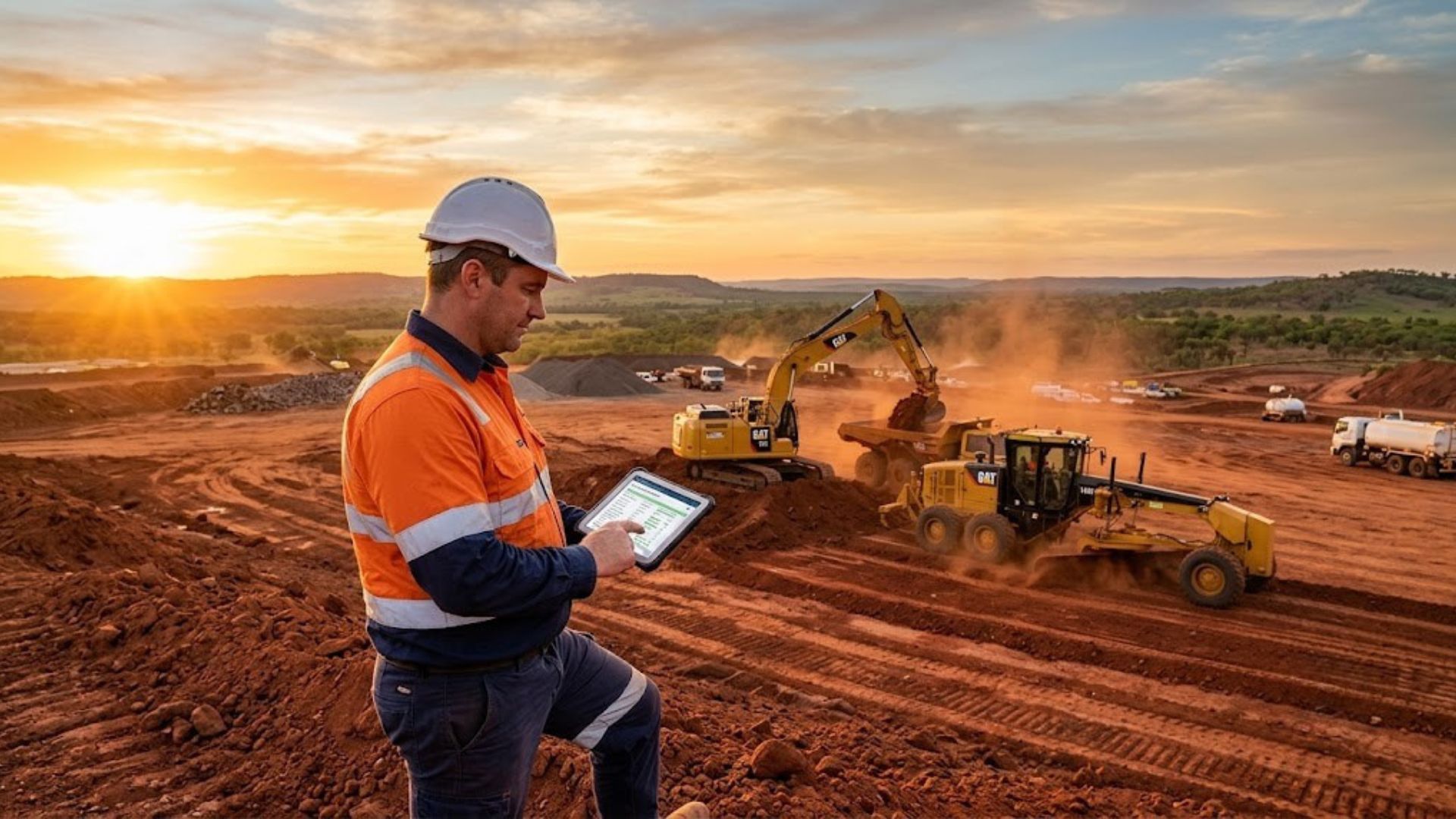 NQ civil contractor reviewing compliance documents on site at golden hour