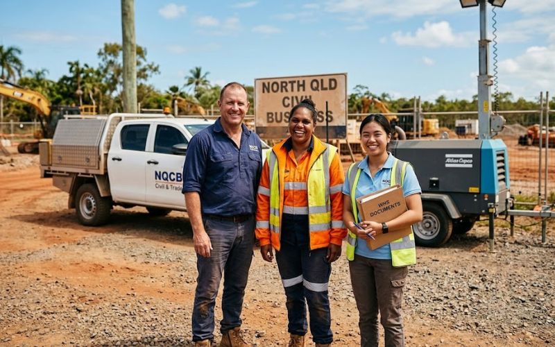 NQ trade business owner and staff standing together at a civil worksite